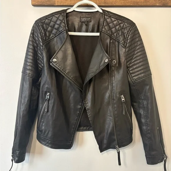 Topshop Women's Black Leather Biker Jacket size Small - Picture 10 of 10